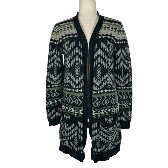 Roxy Cardigan Women Sweater XS/S Blue Green Aztec Tribal Boho Western Open Front - Picture 1 of 14